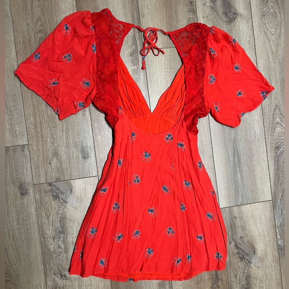 Free People FP Orange Floral Mockingbird Flowy Romantic Dress Size 0 - Picture 2 of 10